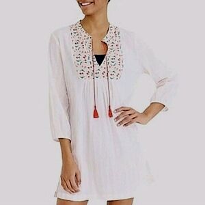 J. Crew Gauzy Striped Cherry Print Crepe Tunic Cover Up Dress Pink & White XS